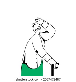 Senior woman looking ahead, observing smth. Happy old spectator watching with joy. Aged person with cane standing and staring forward. Flat vector illustration isolated on white background