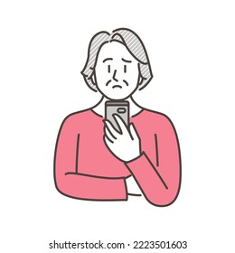 Senior woman looking at her smartphone with a troubled expression [Vector illustration].
