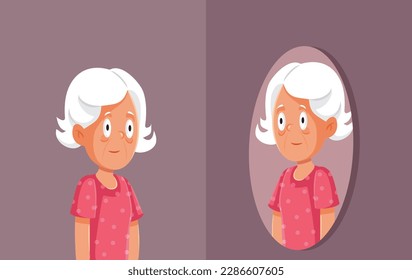 
Senior Woman Looking in the Mirror Checking Herself Aging Vector illustration. Old lady aged gracefully accepting mortality and human destiny 
