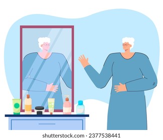 Senior woman looking at mirror, pleased with effect of anti-aging cosmetic products. Vector illustration. Beauty, skin care concept