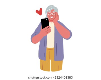  Senior woman is looking at mobile phone and smile.Love or happy emotion.Old people and modern technology.Vector illustration in flat style on white background