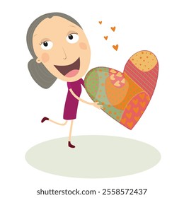 Senior woman in love with a big heart in her hands. Vector Illustration