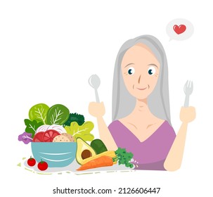 The senior woman love to eat vegetables cartoon vector on white background. Healthy concept lifestyle.