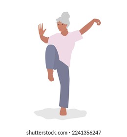 La anciana hace que Tai Chi haga ejercicio. Curso matutino de pensionistas en el Parque de la Ciudad, Clases grupales para personas de edad avanzada Cuerpo saludable, Flexibilidad y Bienestar. Ilustración del vector de dibujos animados