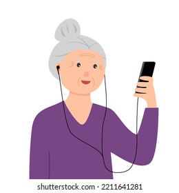 Senior woman making video call via smartphone in flat design on white background.