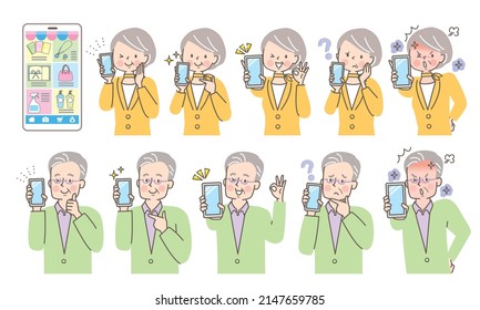 Senior woman and male facial expression set showing smartphone screen