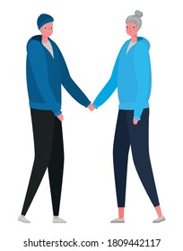 Senior woman and man cartoons with sportswear holding hands design, grandmother and grandfather theme Vector illustration