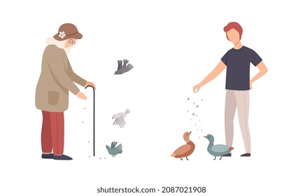 Senior Woman and Man Character Feeding Birds with Crumbs Walking in the Park Vector Set