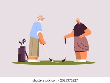senior woman man couple playing golf aged family players taking a shot active old age concept