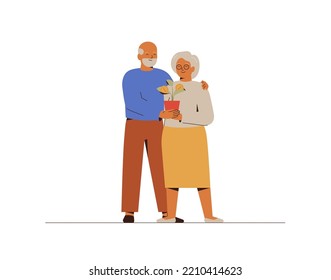 Senior Woman and man hold money tree together. Elderly couple grow plant with coins. Mature family makes capital from green investment. Funding concept. Revenue and income Vector illustration