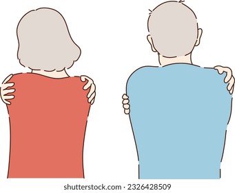 Mujer mayor, hombre se abraza. Personas mayores positivas expresando amor y cuidado. Amor por uno mismo, alta estima y vector de concepto positivo corporal. Emociones de felicidad, lenguaje corporal.