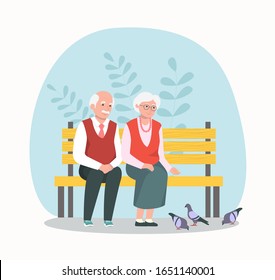 Senior woman and man sitting on bench and feeding pigeons. Vector flat illustration.