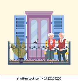 Senior woman and man sitting on bench and feeding pigeons. Vector flat illustration.