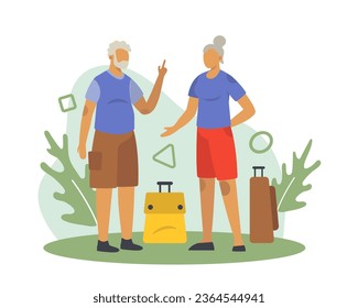 Senior woman and man traveling with trolley bags. Concept of happy retirement. Time for discover new places. Happy old age. Flat vector illustration in cartoon style