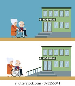 Senior woman and man in a wheelchair-  in front of building of hospital with wheelchair ramp. Concept for barrier free environment for physically challenged people. Vector illustration. Flat design.