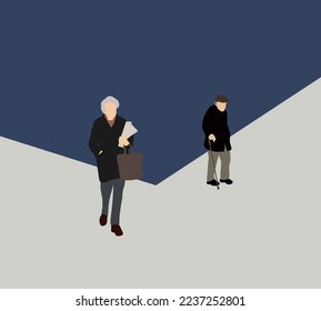 Senior woman and man with winter autumn fashion walking in town. Old beautiful street wearing on holiday vacation. Retire concept.