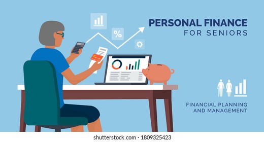 Senior woman managing her personal finances at home using a software and a calculator