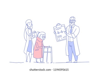 Senior woman medical consultation doctors group pensioner in hospital health care concept sketch doodle horizontal isolated vector illustration