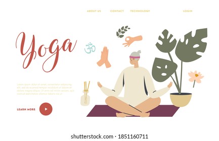 Senior Woman Meditating in Lotus Pose Landing Page Template. Yoga Class, Relax, Emotional Balance, Aged Character Harmony with Nature, Mind and Soul, Positive Life or Mood. Linear Vector Illustration