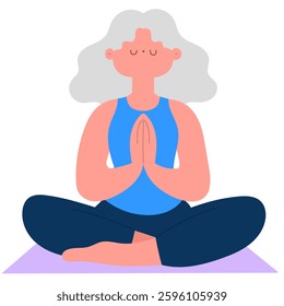 senior woman meditating on a yoga mat, mindfulness and wellness flat vector illustration
