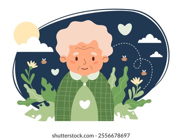 Senior Woman Mental Health Nature poster. Cute happy grandma old lady with leaves. Concept beneficial effects of environment, wellness, care, viability and self-love. Vector illustration in flat style