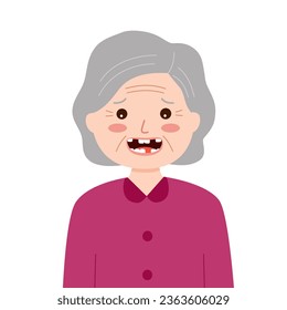 Senior woman with missing teeth in flat design on white background. Old woman loss her tooth.