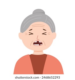 Senior woman with missing teeth in flat design on white background. Old woman loss her tooth.