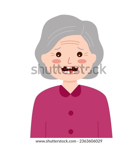 Senior woman with missing teeth in flat design on white background. Old woman loss her tooth.