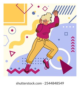 Senior woman. Old person portrait. Happy dancing female. Abstract color geometric shapes. Memphis circles. Music listening. Excited grandmother. Dynamic pose. Trendy creative granny. Vector background