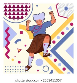 Senior woman. Old person portrait. Happy dancing female. Abstract color geometric shapes. Memphis circles. Fun music listening. Excited grandmother. Dynamic pose. Trendy creative granny vector banner