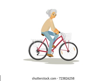 Senior woman on bike on white background. Elderly woman over 50's on bicycle. Vector illustration.