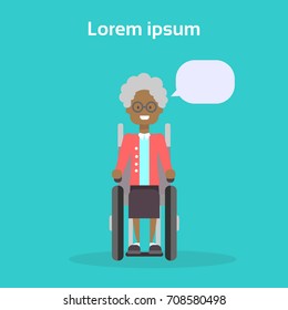 Senior Woman On Wheel Chair Happy African American Old Female Disabled Smiling Sit On Wheelchair Disability Concept Flat Vector Illustration