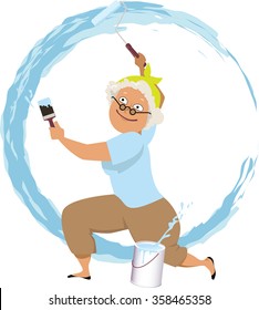 Senior woman with a paint roller and a brush, circle in the background, paint can in front of her, EPS 8 vector illustration