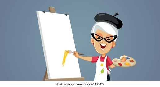 
Senior Woman Painting Following her Passion Vector Cartoon Illustration. Elderly retired person having time for hobbies and artistic activities 
