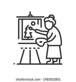 Senior woman painting - line design single isolated icon on white background. High quality black pictogram. Image of a retired person standing at the easel. Elderly people care, hobby and leisure idea