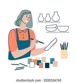 Senior Woman Paints Ceramic Ware. Master Class And Hobby. Art Class Ceramics For Adults. Character Woman Artisan. Flat Design Isolated On White Background. Vector.