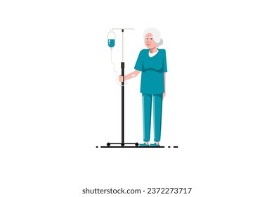 Senior woman patient with salt water solution saline stand on isolated background, Vector illustration.