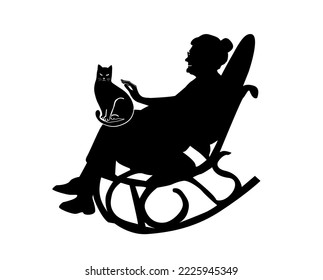 Mujer mayor con mascotas. La abuela se sienta en una silla con un gato. Silueta monocroma de una anciana. Abuela en una mecedora. Ilustración vectorial. Los ancianos cuidan