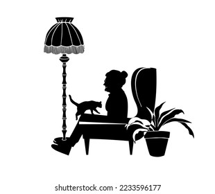 Mujer mayor con mascotas. La abuela se sienta en una silla con un gato. Silueta monocroma de una anciana. Ilustración vectorial. Los ancianos cuidan