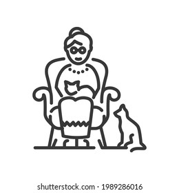 Senior woman with pets - line design single isolated icon on white background. High quality pictogram. Image of a retired person, grandmother sitting in a chair, stroking a cat. Elderly people care