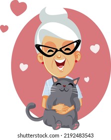 
Senior Woman Petting Her Cat Vector Cartoon Illustration  Elderly grandmother hugging her emotional support animal friend
