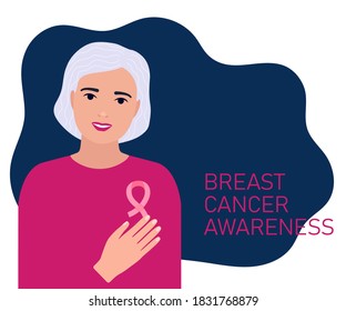 Mujer mayor y cinta rosa de cáncer de mama.  Día internacional de sensibilización sobre el cáncer de mama. Lucha contra el cáncer de mama. Ilustración plana del vector