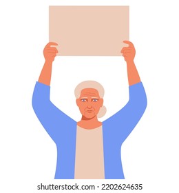 Senior woman with placard place for text. Portrait of neutral face grandma holding blank advertising board or copy space. Protest or support concept with bullet leaf. Flat vector illustration.