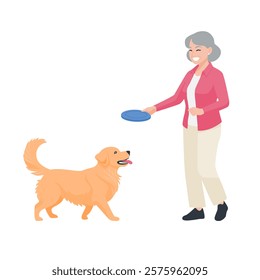 Senior Woman Playing with Golden Retriever Dog Outdoors