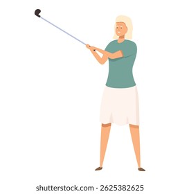 Senior woman playing golf holding club, happy elderly character enjoying recreation or sport activity