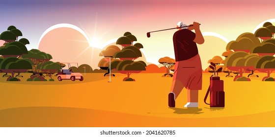 senior woman playing golf on sunny golf course aged player taking a shot active old age concept