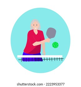 Senior Woman Playing Pickleball on Court. Active old age