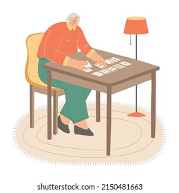 Senior Woman Playing Solitaire At Home. Happy Old Lady Plays An Intellectual Game. Older Women Playing Cards Seated At A Table. Vector Illustration Isolated On White