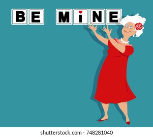 Senior woman playing Valentine's Day game, opening letters "Be Mine", EPS 8 vector illustration