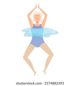 Senior woman practicing aqua gym in a swimming pool, raising her arms during her workout session